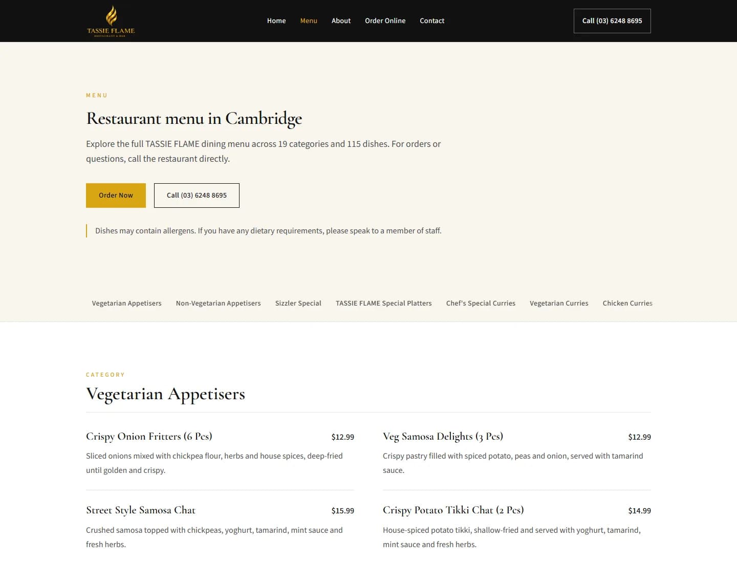 Desktop screenshot of the TASSIE FLAME menu page showing category navigation and dish listings with prices