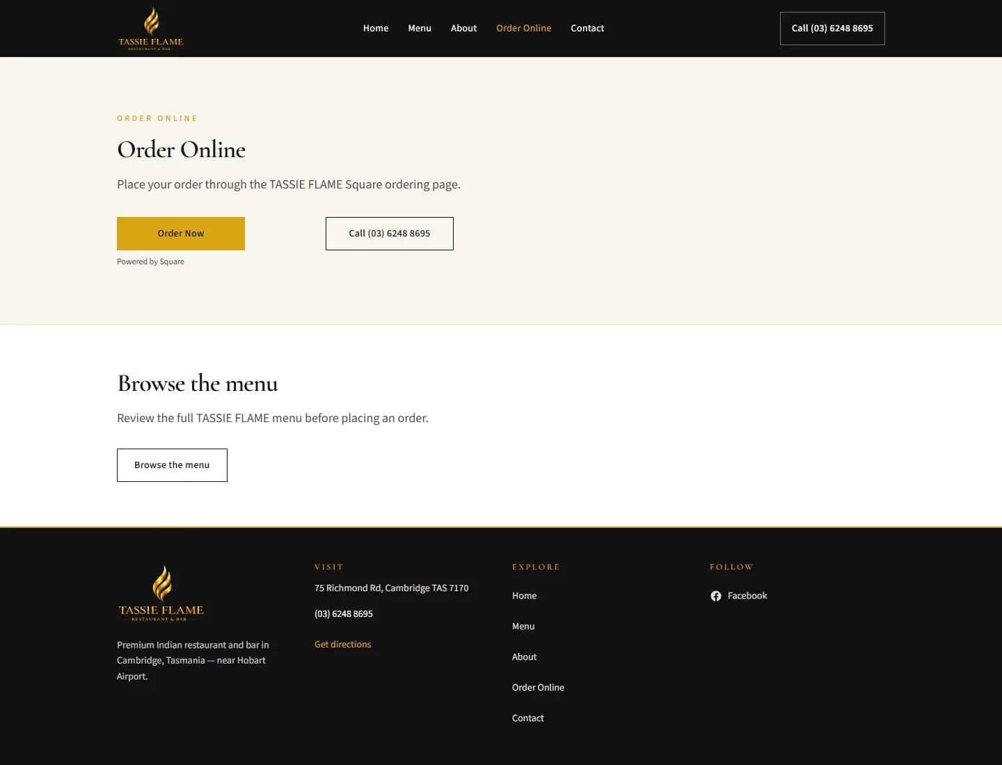 Desktop screenshot of the TASSIE FLAME order-online page with Square-powered ordering call to action